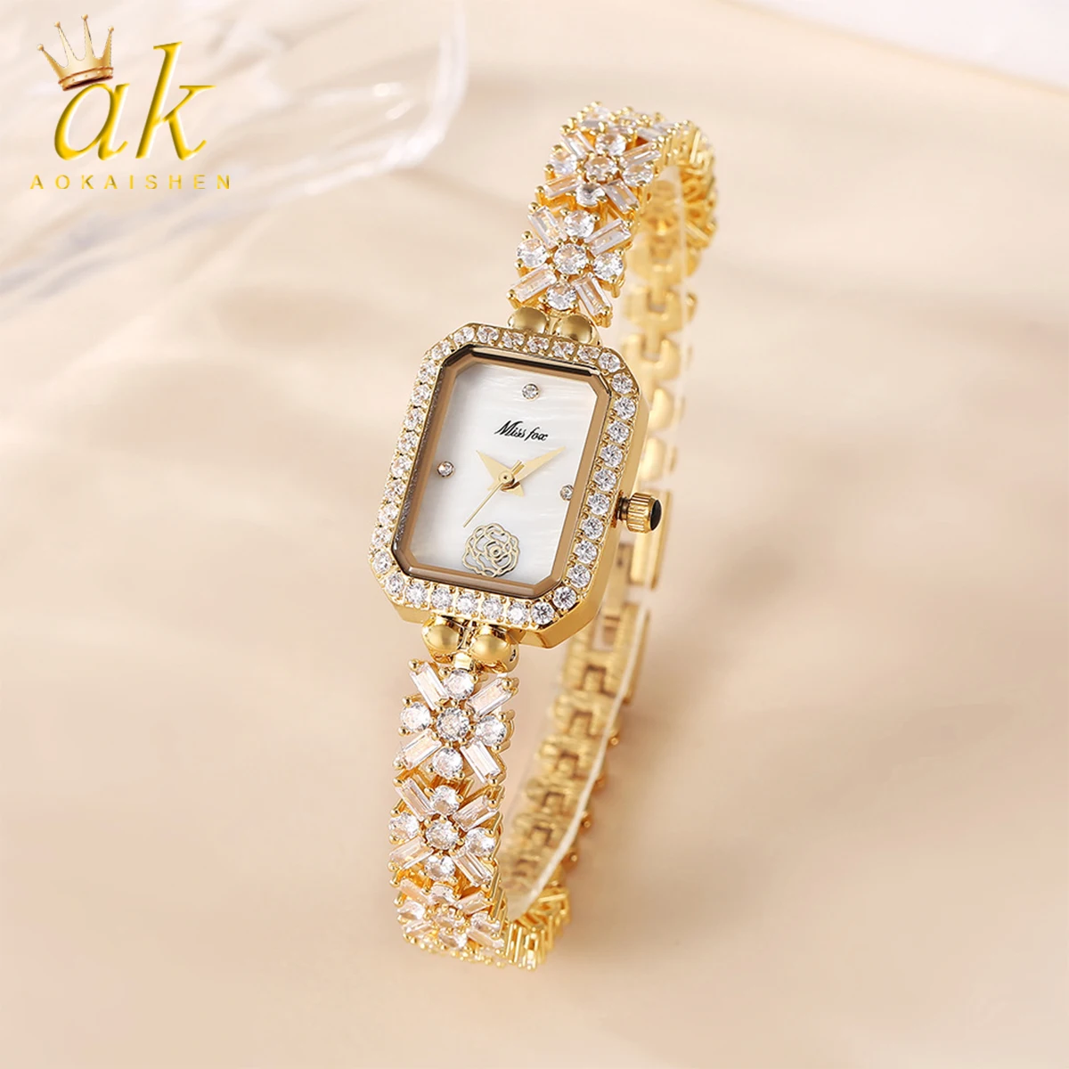 Aokaishen Gold Women\'s Watches Luxury Square Classic Watch For Ladies Elegant Big Zircon Bracelet Female Quartz Wristwatch