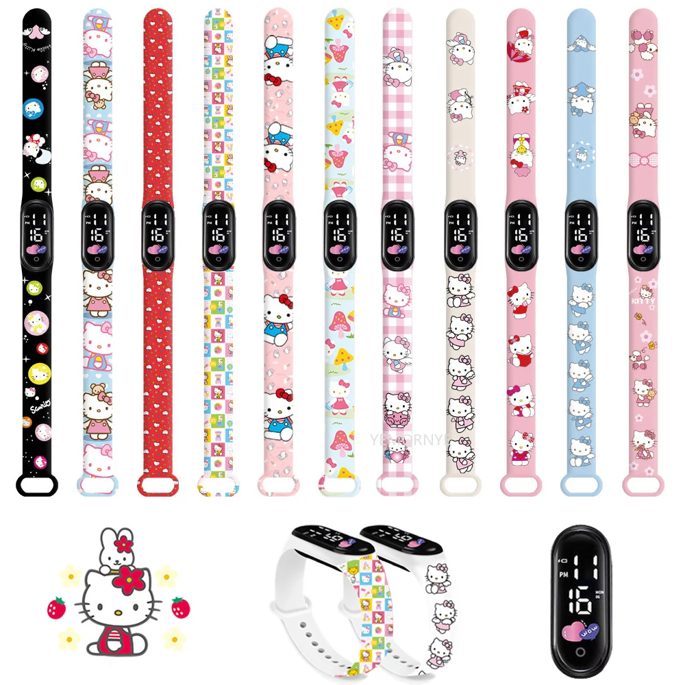 

Cartoon Hello Kittys Electronic Led Sports Watch Kawaii Sanrio Kuromi Cinnamoroll Student Child Printing Water Proof Gifts Toys