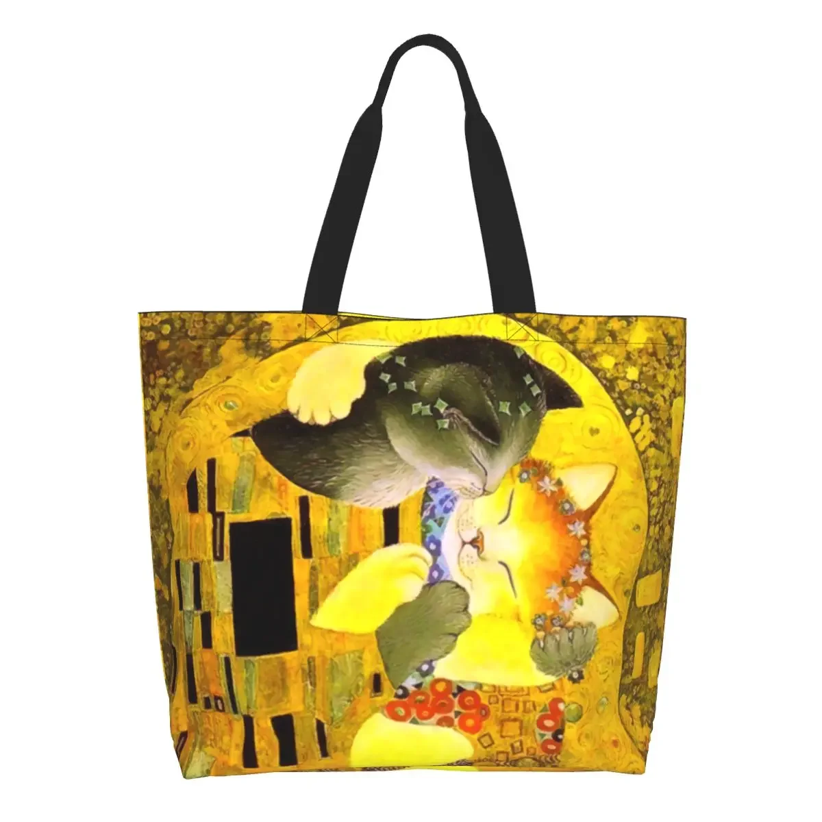 Custom Pet Cat The Kiss Shopping Canvas Bags Women Portable Big Capacity Grocery Gustav Klimt Art Tote Shopper Bags