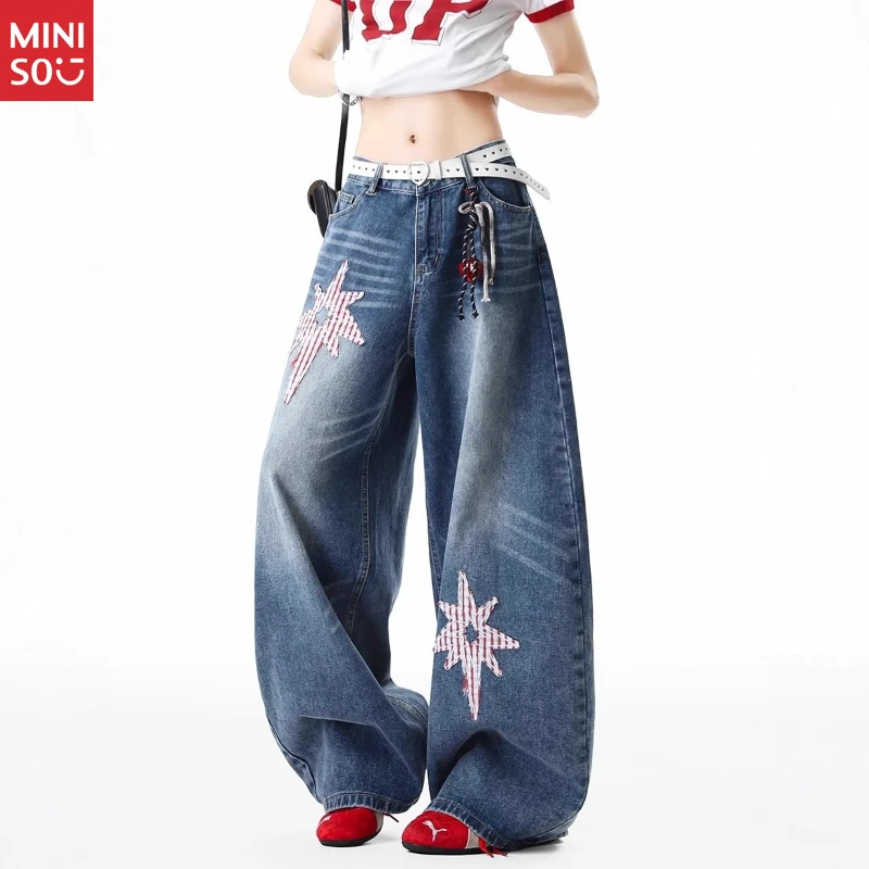 Miniso 3D Star Jeans Women، بنطال أمريكي واسع الساق، بنطال جينز مستقيم أنيق