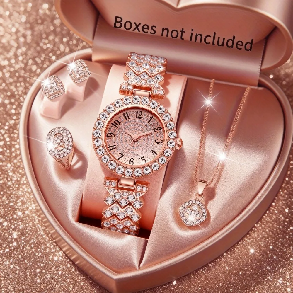 5pcs Elegant Women'S Watch Jewelry Set, Classic Round Dial, Stylish Design, The First Choice for Women's Gifts, Christmas