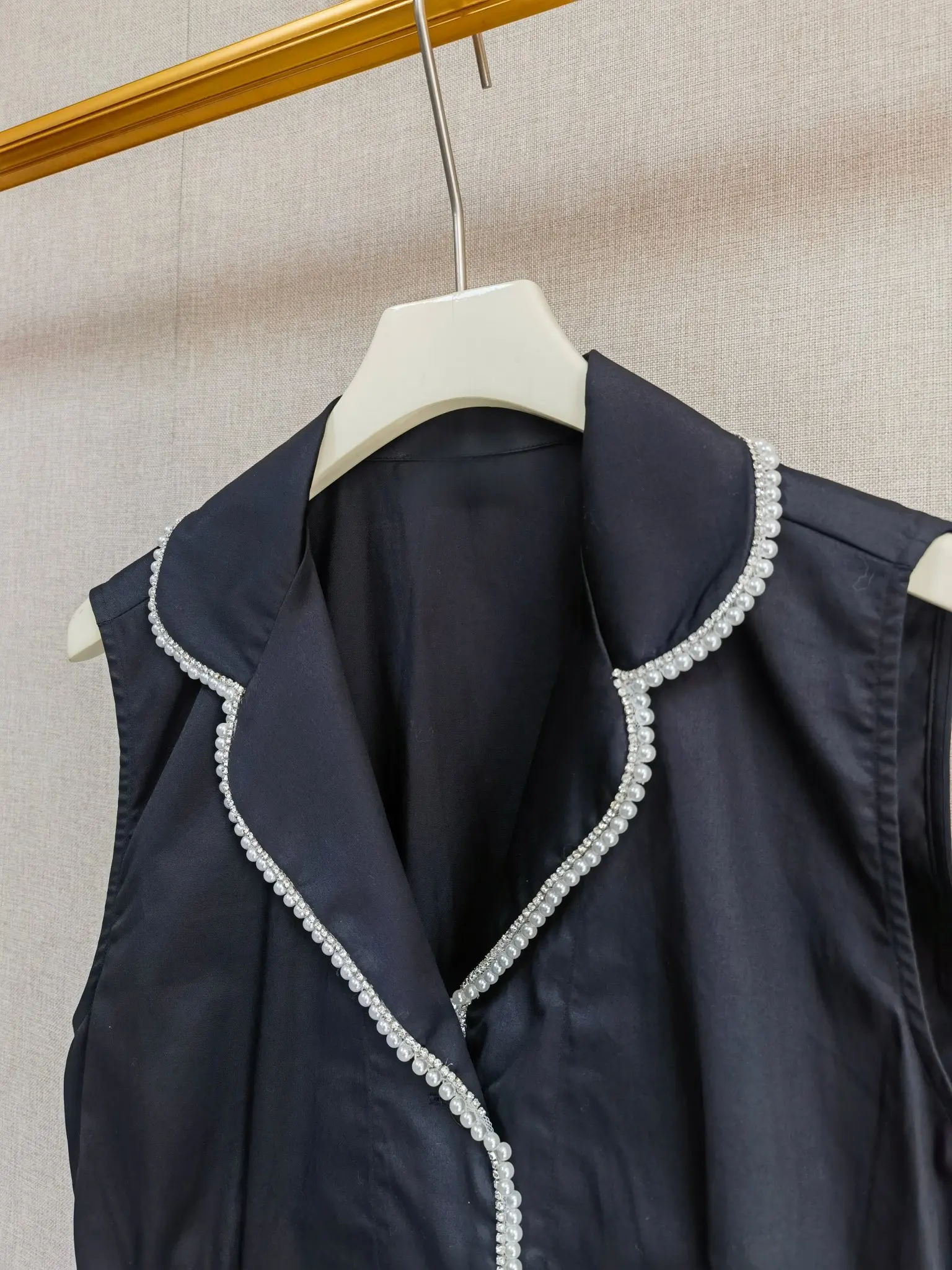 

2026 Spring Black Women Notched Collar Pearl Trimmed Tank Top Single-Breasted Sleeveless Vest or Ruffles Layered Midi Skirt