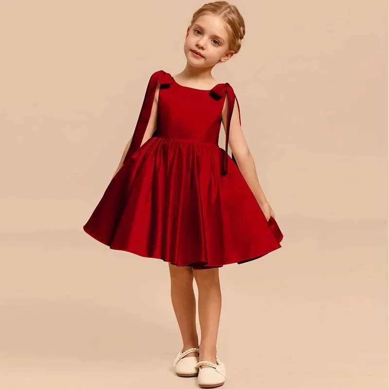 Little Girls Sleeveless Satin Dress Elegant Luxury Performance Ball Dresses Christmas Party New Year Solid Color Clothing Frocks