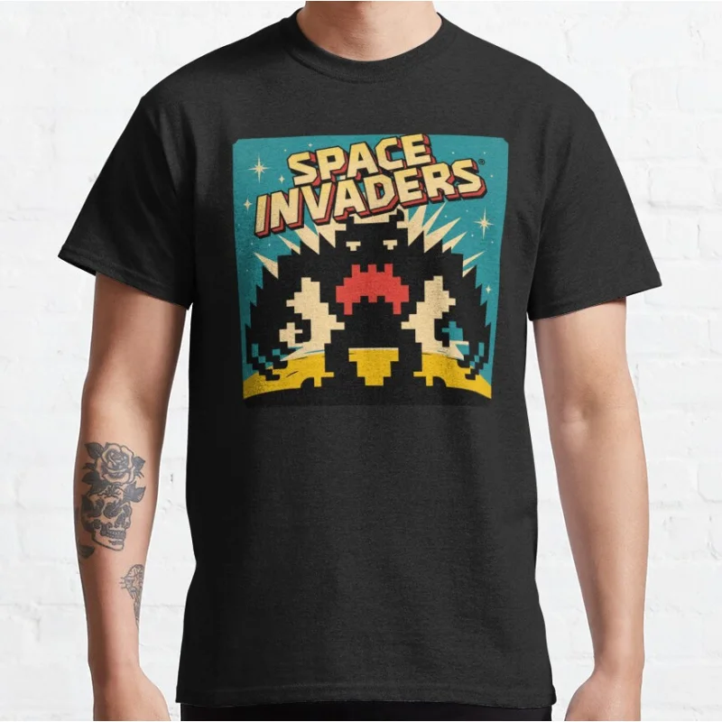 

funnyfits70 vintage style 80s Arcade Games Space Invader 8 bit fun pixel aliens old school gaming T-shirt large size Adult Tops