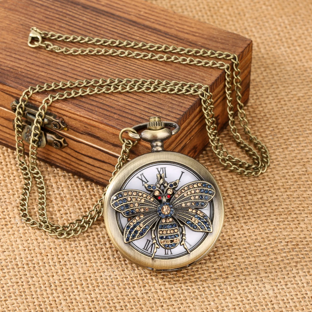 Vintage Charm Bee Bronze/Gold Quartz Pocket Watch Men Women Necklace Watch Antique Gifts Roman Numerals Analog Display Clock