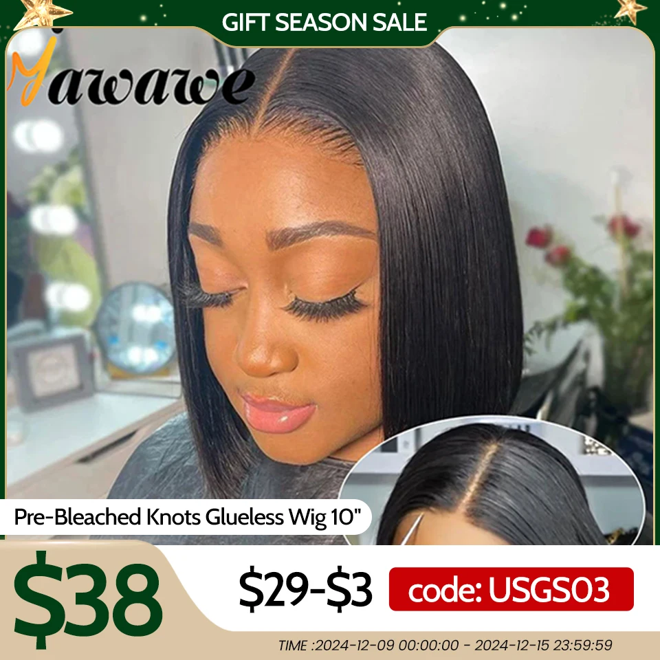 YAWAWE Pre-Bleached Knots Glueless Wig Ready To Wear Wigs Straight Pre-plucked Human Hair Bob Wigs Pre-cut HD Lace Wear Go Wigs