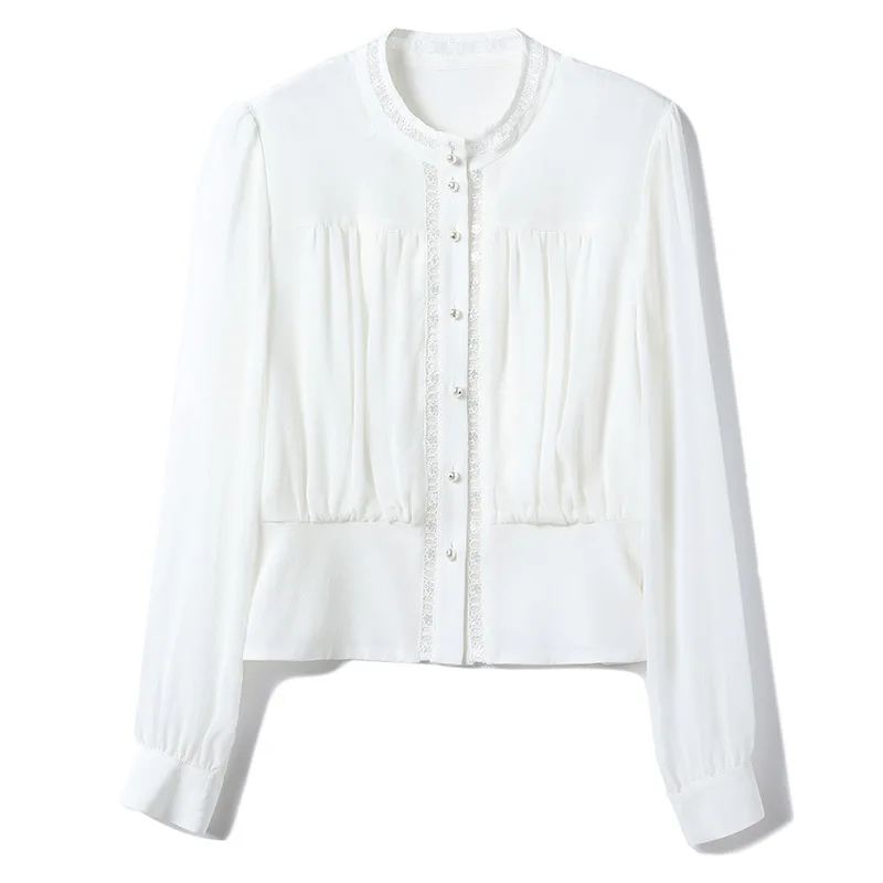 

Рубашка-топ из 100% шелка тутового шелкопряда с кружевными вставками, ранняя весна 2026, белая, элегантная, во французском стиле