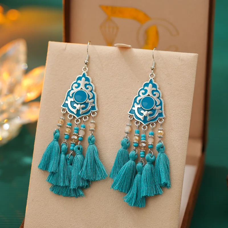 Ethnic Bohemian Tassel Earrings For Women Geometric Enamel Crystal Beads Handmade Long Vintage Female Drop Dangle Earrings Gift