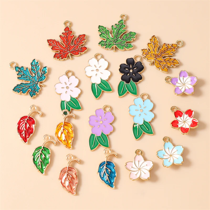 10 Stück Niedliche Pflanzen- und Baumblatt-Anhänger Bunte Emaille-Blumenanhänger für Schmuckherstellung Halsketten Ohrringe DIY-Bastelarbeiten Geschenke – Detail 2