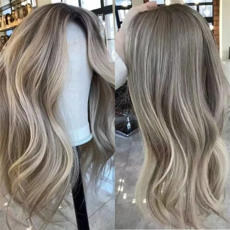 

High Qulaity Synthetic Wig Ombre Ash Grey Blonde Balayage Glueless HD Lace Front Wig Pre Plucked Hairline with Baby Hair Daily
