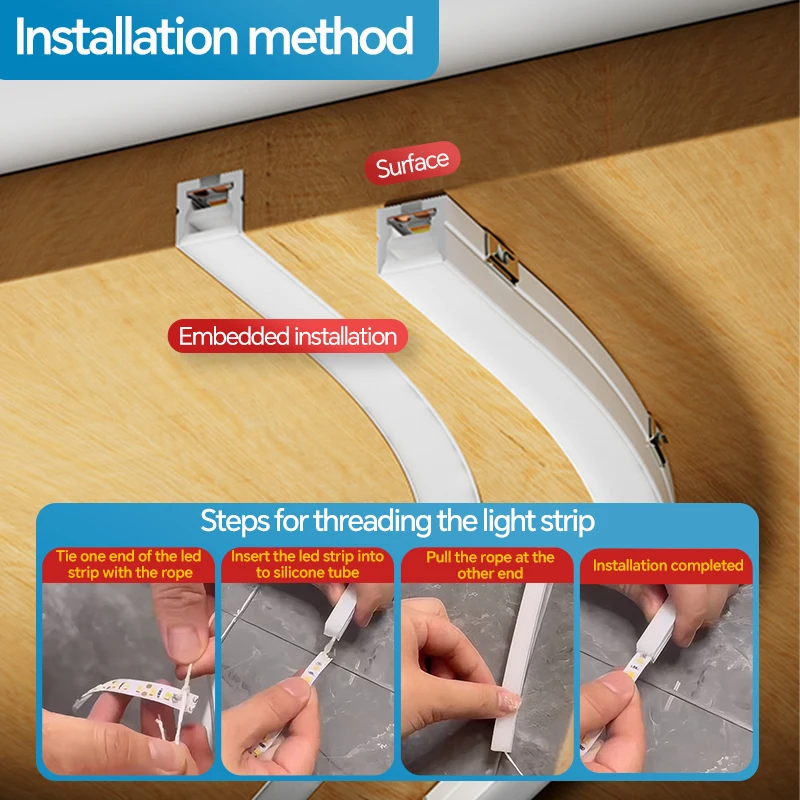 غطاء قناة LED من السيليكون المتكامل، شريط إضاءة مرن مقاوم للماء، خزانة ملف تعريف لخزانة المطبخ والإضاءة الخارجية