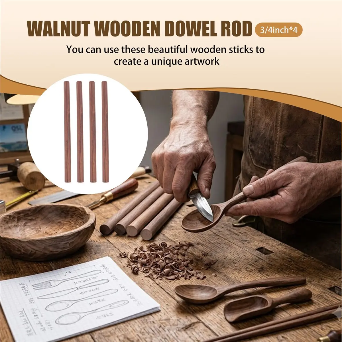 Y17A 4Pcs Walnut Wooden Dowel Rods 3/4 X 12 Inch Wooden Dowel Rods Unfinished Round Sticks Wood Sticks for Crafts