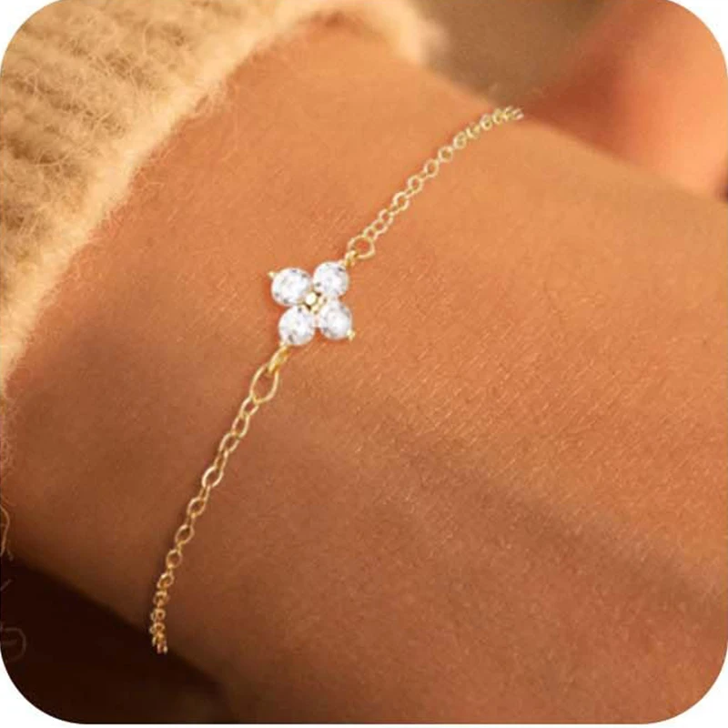 

14K Gold/Silver Plated Flower Bracelets for Women Cubic Zirconia Four Clover Leaf Charm Dainty Bracelets Shiny Jewelry Gifts