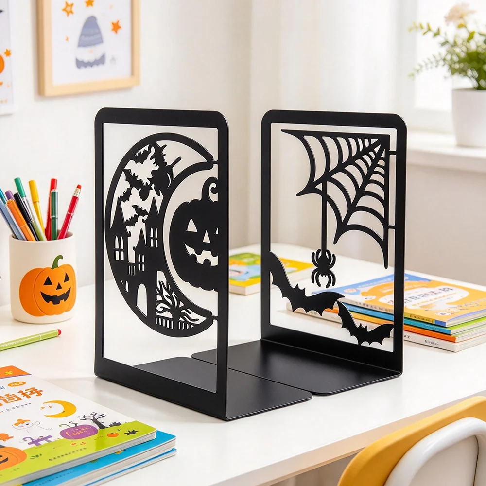 Halloween Metal Bookends Pumpkin Bat Spider Web Haunted House for Gothic Decor Lover Bookshelf Office Decor Halloween Party Gift