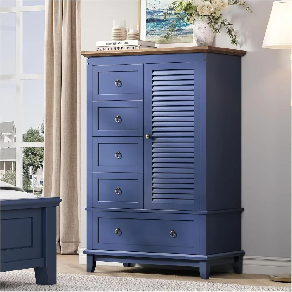 

Farmhouse 5 Drawer Dresser for Bedroom, 49" Tall Modern Dresser with Storage, Navy Blue Chest w/ Smooth Gliding Drawers & Frame