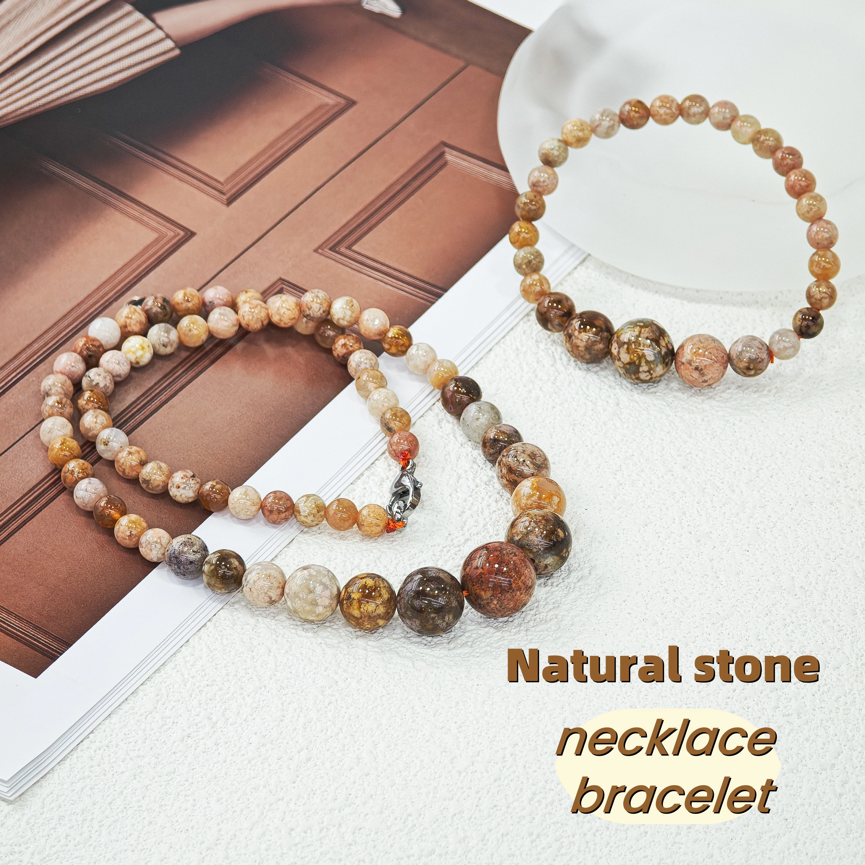 Lecter Store Unique handmade colored vintage natural stone necklace bracelet pendant, round women's jewelry gift set accessories