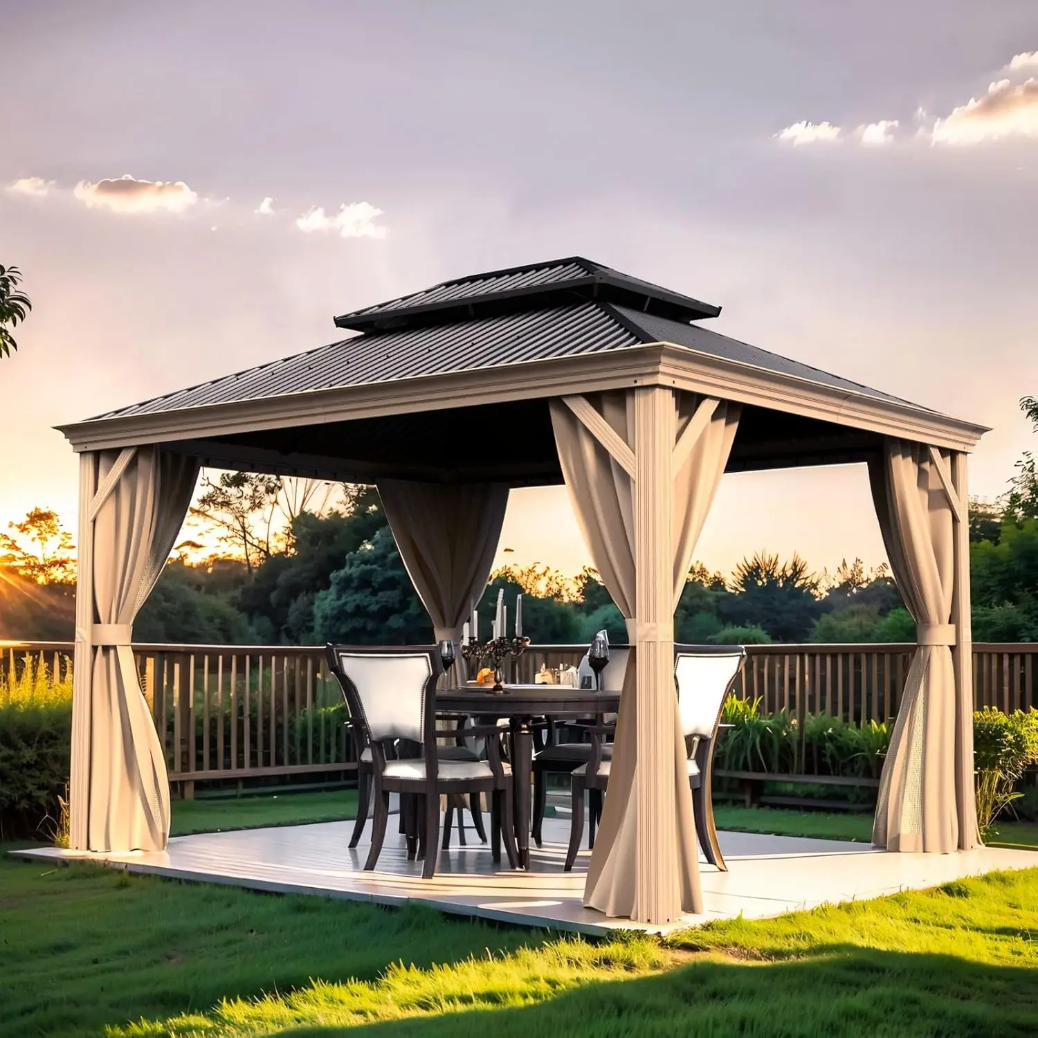 

10'x12' Hardtop Gazebo, Wood Coated Aluminum, Galvanized Steel Double Roof, Outdoor Metal Pavilion, Patio Canopy with Curtains