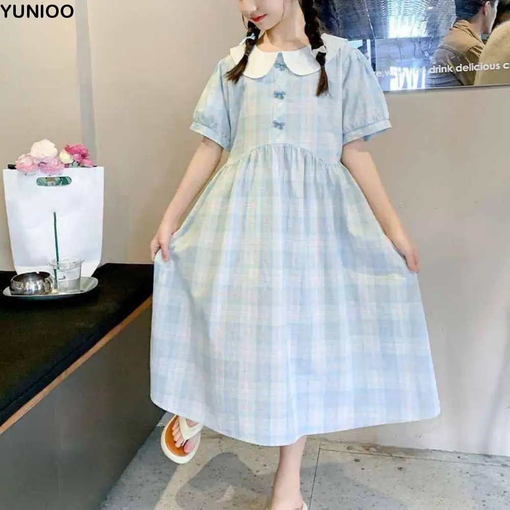 

Elegant Loose Girls Plaid Dress Teenagers Sweet Summer Kids Dresses Party Beach Vacation Children Princess Dress Summer