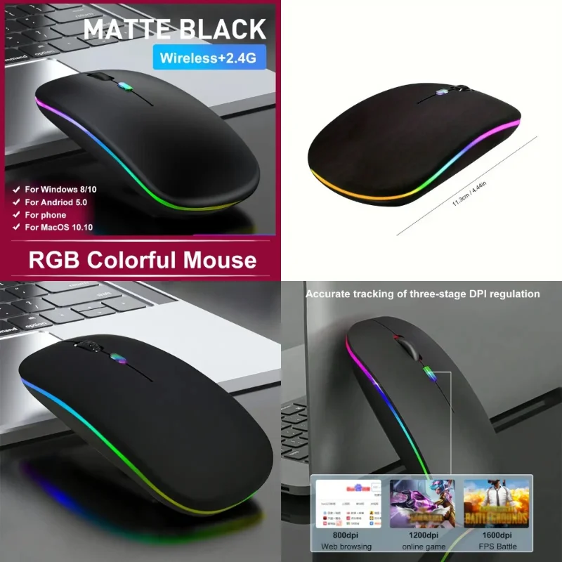 

Эргономичная бесшумная беспроводная мышь с RGB-подсветкой, перезаряжаемая через USB, совместимая с ноутбуком, ПК, iPad, ноутбуком для офиса и хо