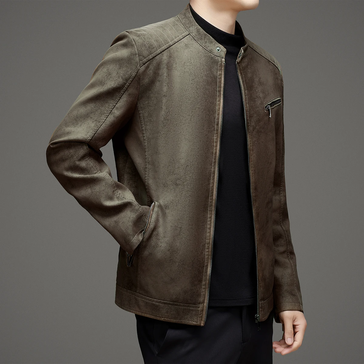 

2025 New Faion Men's Fce Lined Leather Jaet Korean Sle Slim Fit Motorcycle Clothes Stand Collar PU Leather Coat Trendy