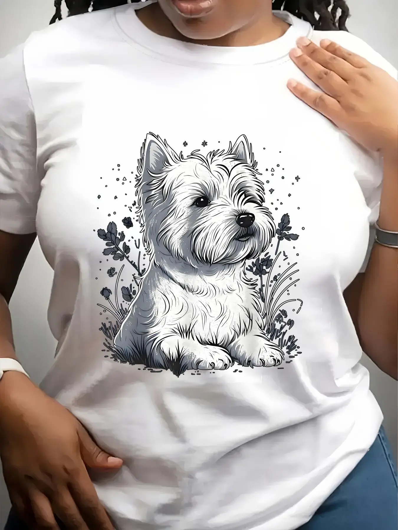 Women's Trendy Crew Neck T-Shirt Cute Westie Dog Floral Sketch Suitable for Casual Sportswear