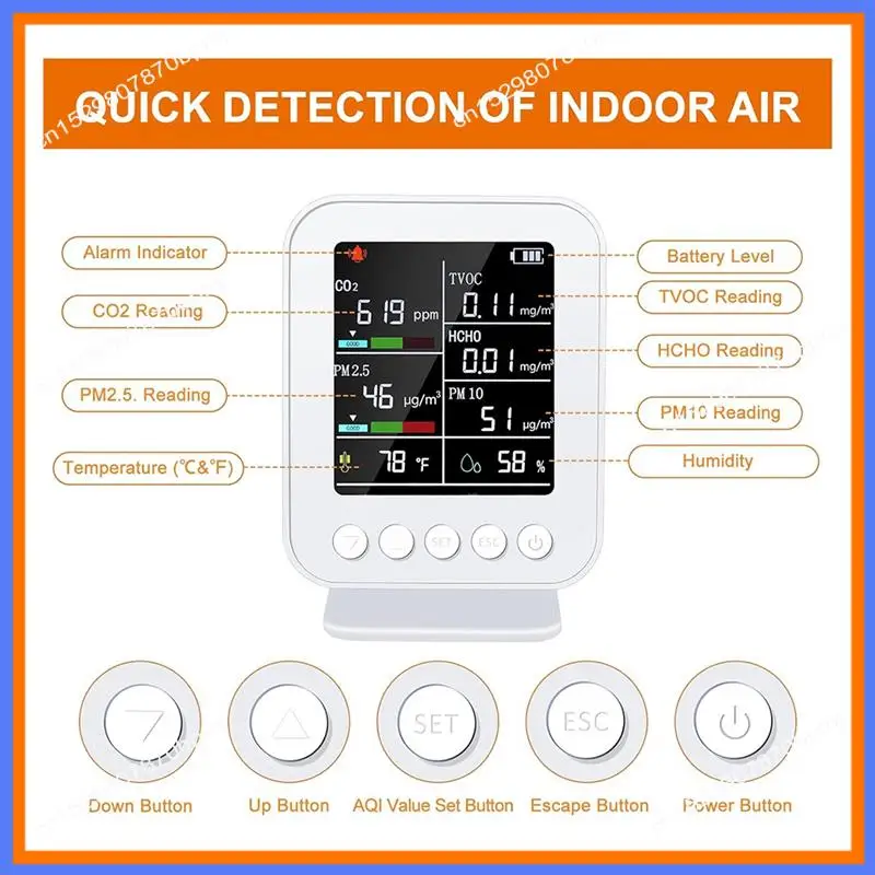 BAAE Monitor inteligente de calidad del aire 7 en 1 con PM2.5, detector de CO2 con alarma, sensores de temperatura y humedad, pantalla LED