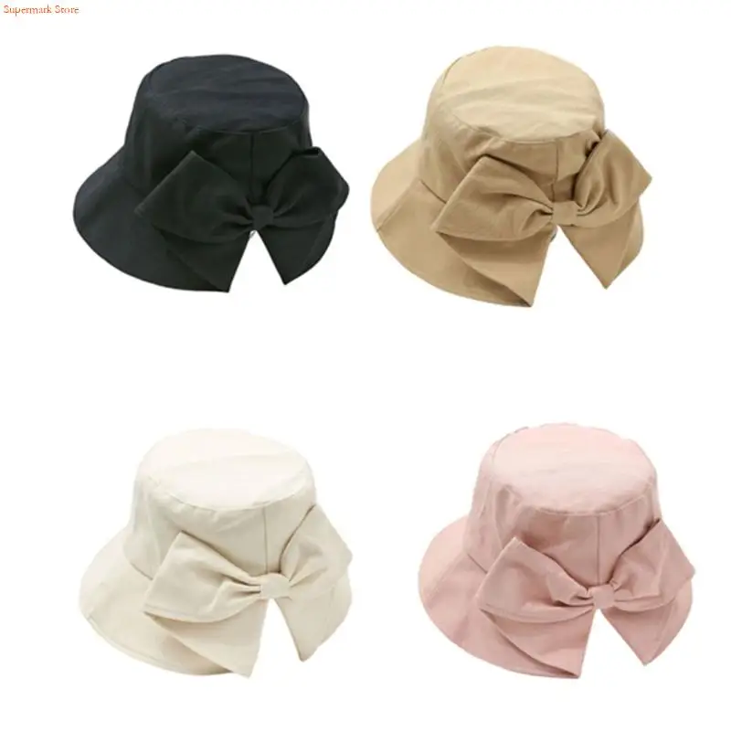 Q5WE Coastal Travel Ribbon Bows Bucket Hat with Split Back Design, Ponytail Friendly Fit and Cotton Fisherman Hat Use for Daily