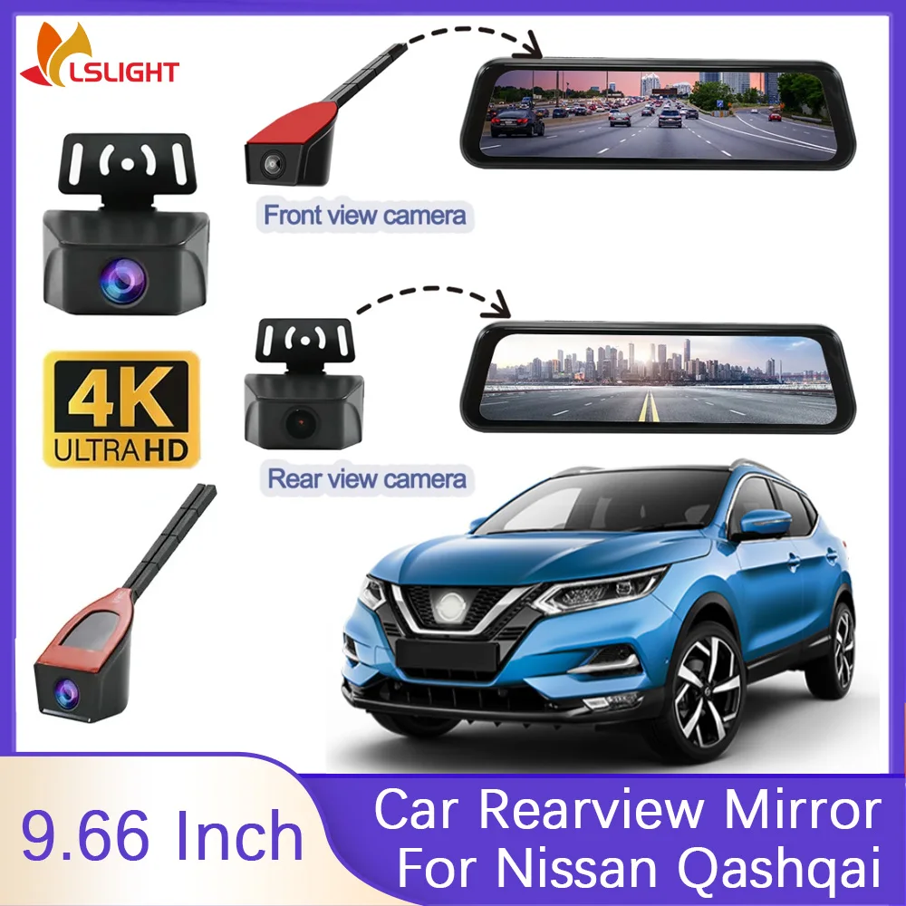 For Nissan Qashqai 2008-2025 9.66 Inch Car Rear View Mirror Dashcam 4K Front View And 1080P Rearview Camera HD Monitor