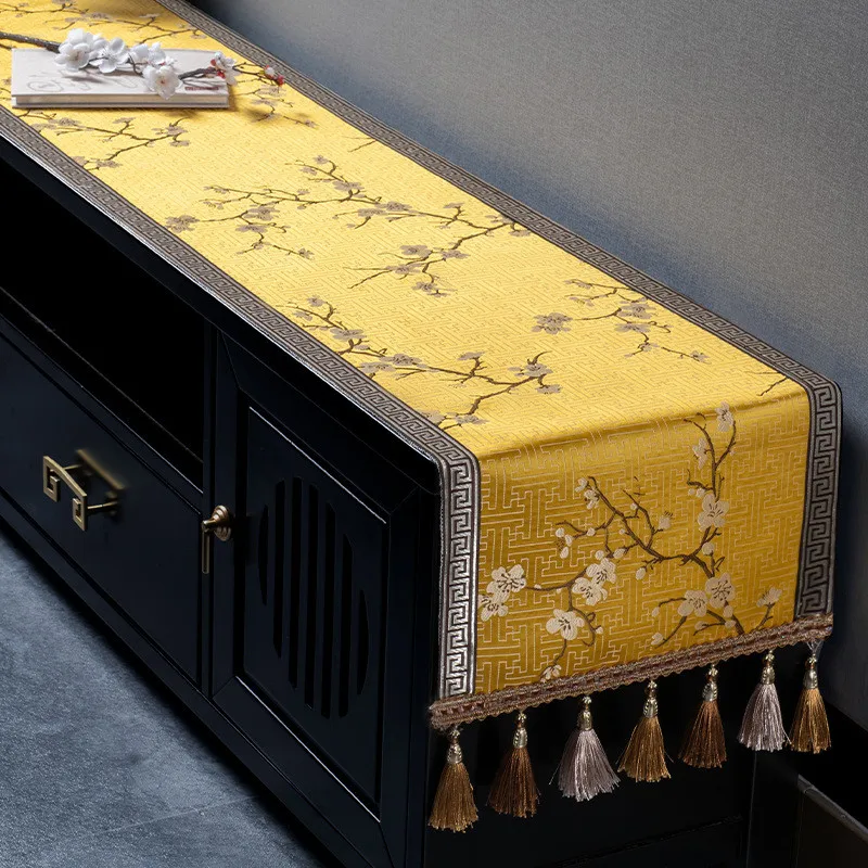 Chinese Style Embroidered Table Runner TV Cabinet Coffee Table Table Cloth with Tassel Long Strip Home Decoration Table Cloth