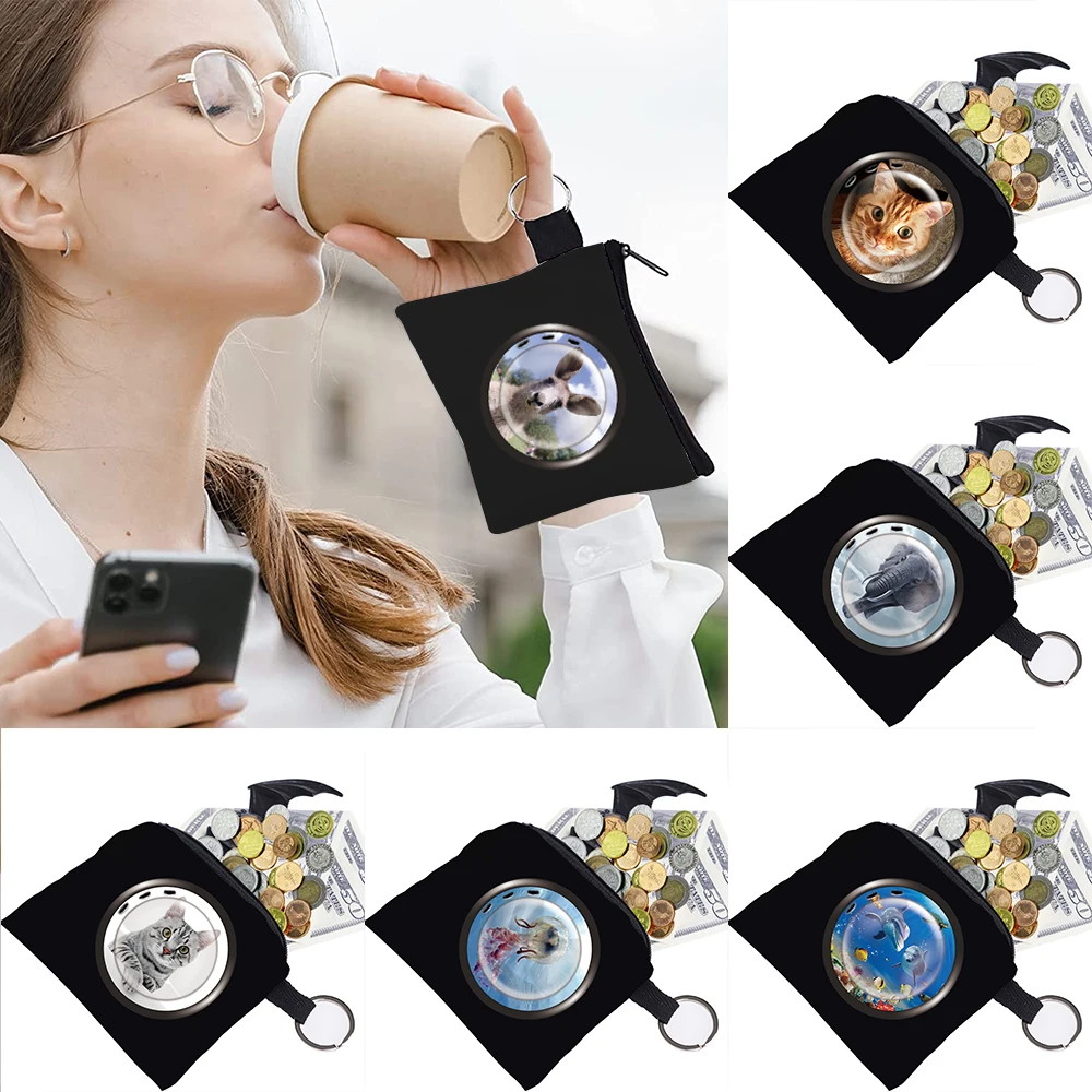 

Women's Bag Coin Purse Window Pattern Print Collection Key Storage Bag Small Object Ring Buckle Zipper Black Canvas Mini