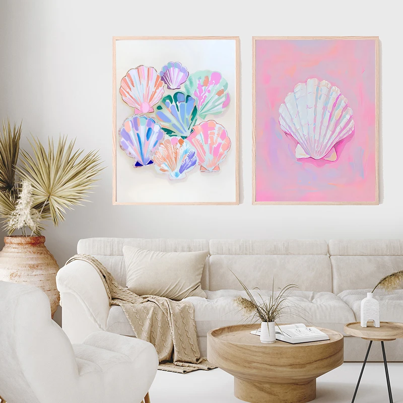 Soft Abstract Oil Painting of Summer Coastal Pink Oyster Shell Rose Poster Canvas Painting Wall Art Pictures Home Decor