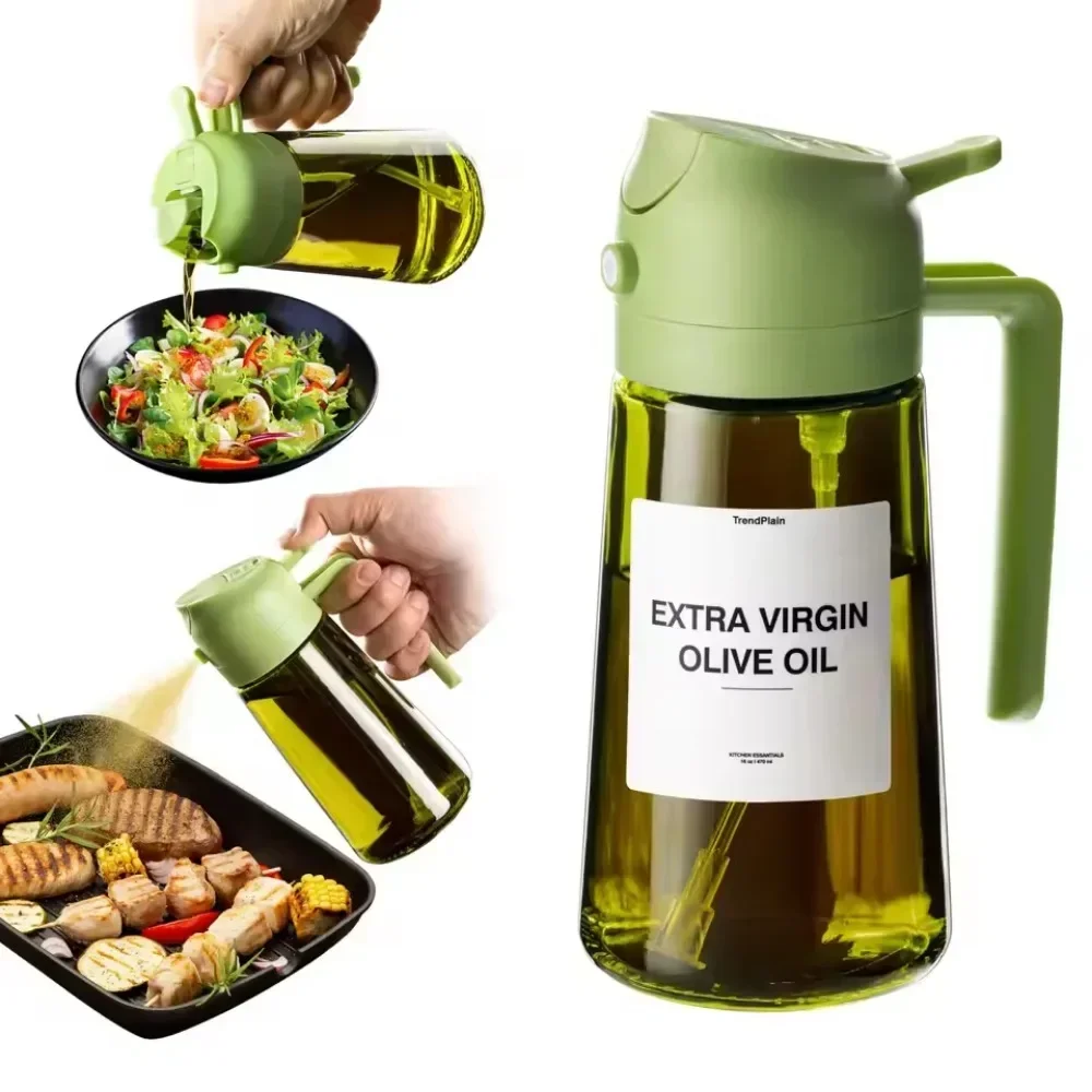 Botella Dispensadora de Aceite de Oliva 2 en 1 de 470 ml, Pulverizador de Aceite Oscuro con Protección Contra la Luz para Cocinar, Botella de Aceite de Vidrio Verde Oscuro para Cocina