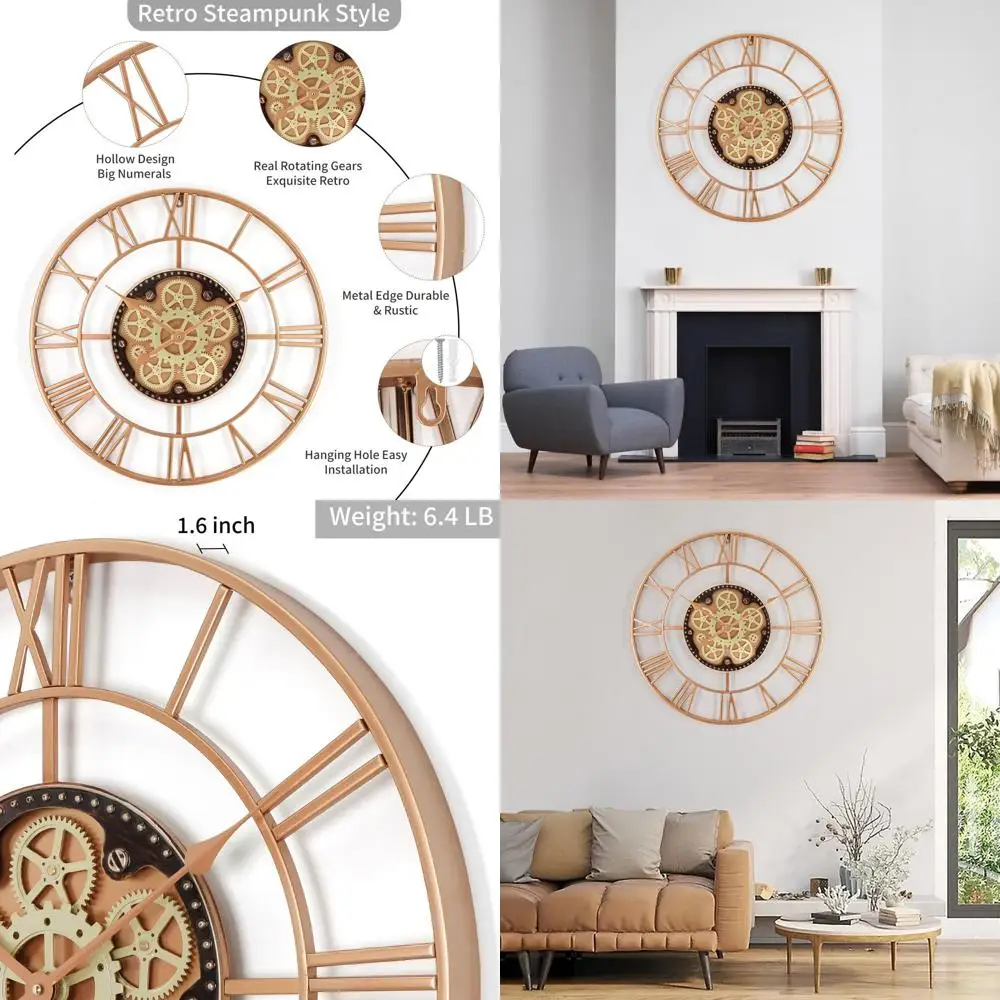 

24 Inch Large Wall Clocks for Living Room Decor with Moving Gears,Large Wall Clock Industrial Steampunk,Oversized Metal Analog W