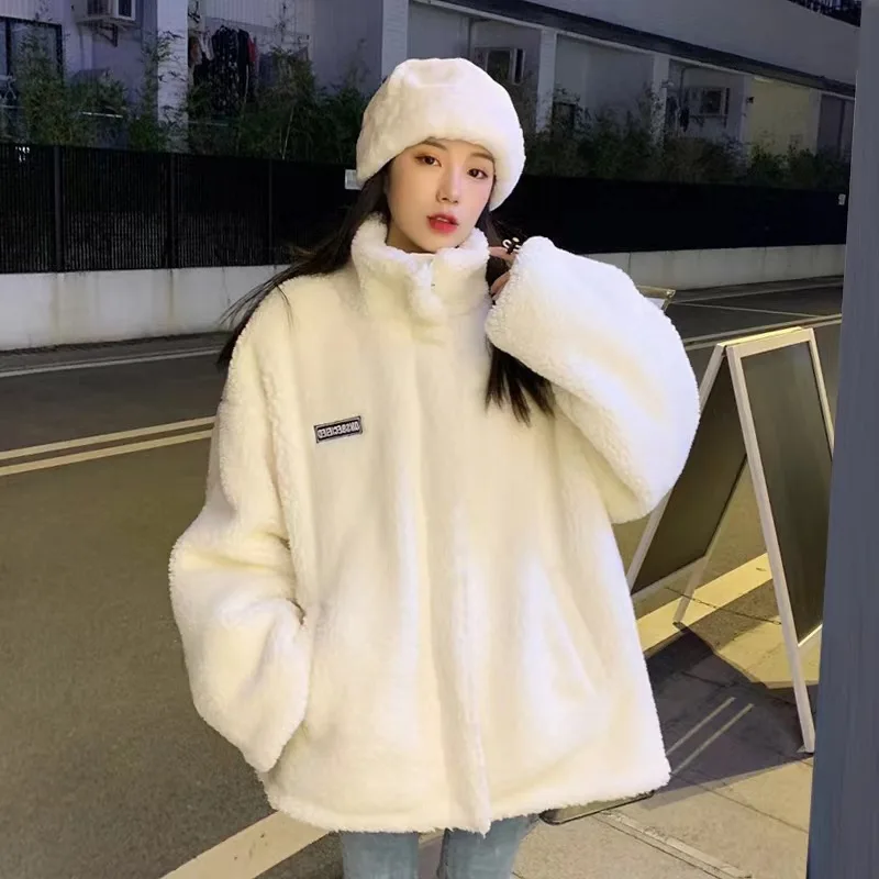 

Autumn Winter Women's Jacket Lamb Fleece Plush Oversize Loose Couple Warm Plush Hooded Ropa Mujer Sudaderas Y2k Coat Jackets