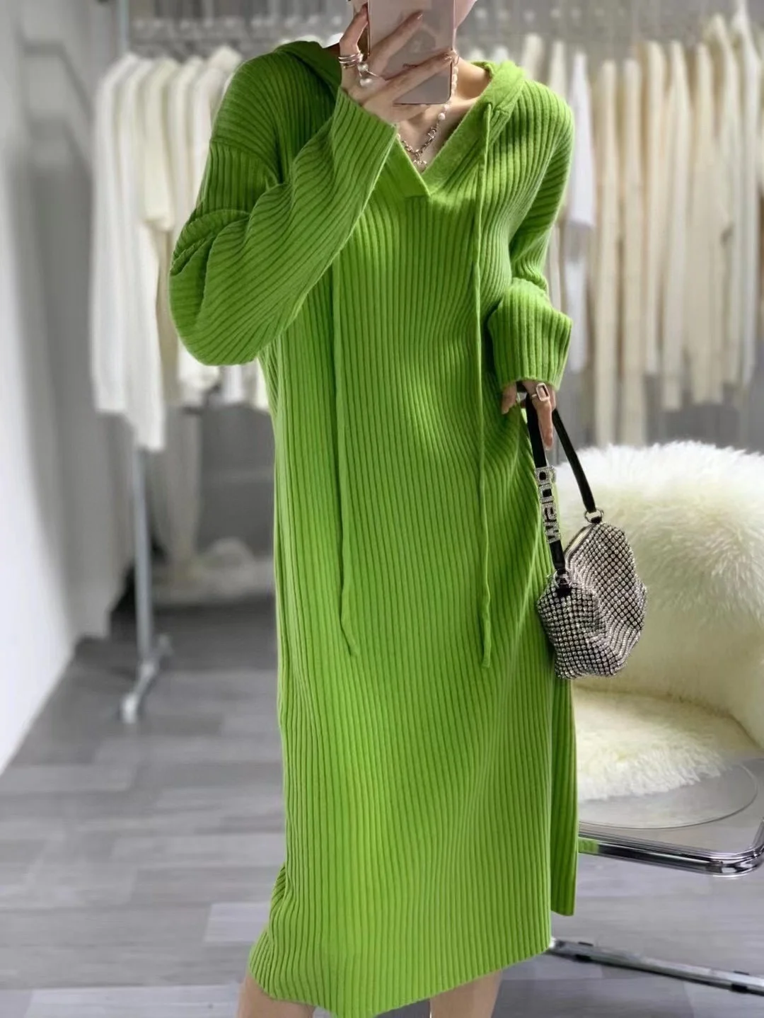 

New 2023 Autumn And Winter Women's ClothingHooded Vertical Sunken Stripe Wool Side Slit Wool New Dress 1023