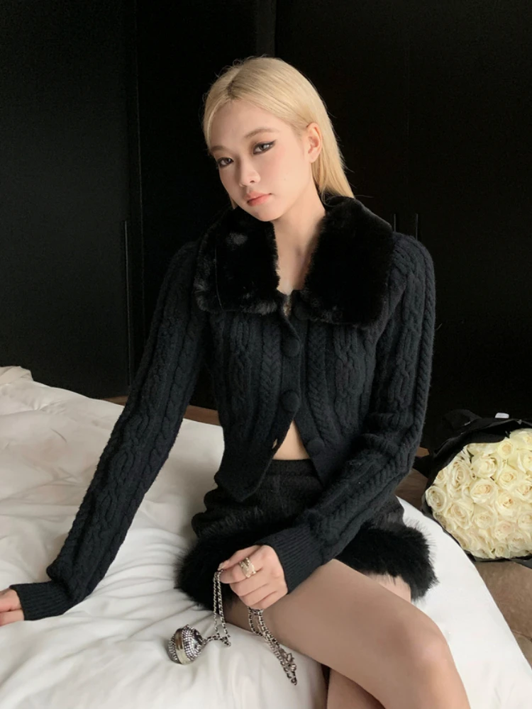 Winter Vintage Knitted Sweater Women Korean Fashion Fur Slim Cardigan Female Long Sleeve Casual Warm Y2K Short Sweater Coat 2024