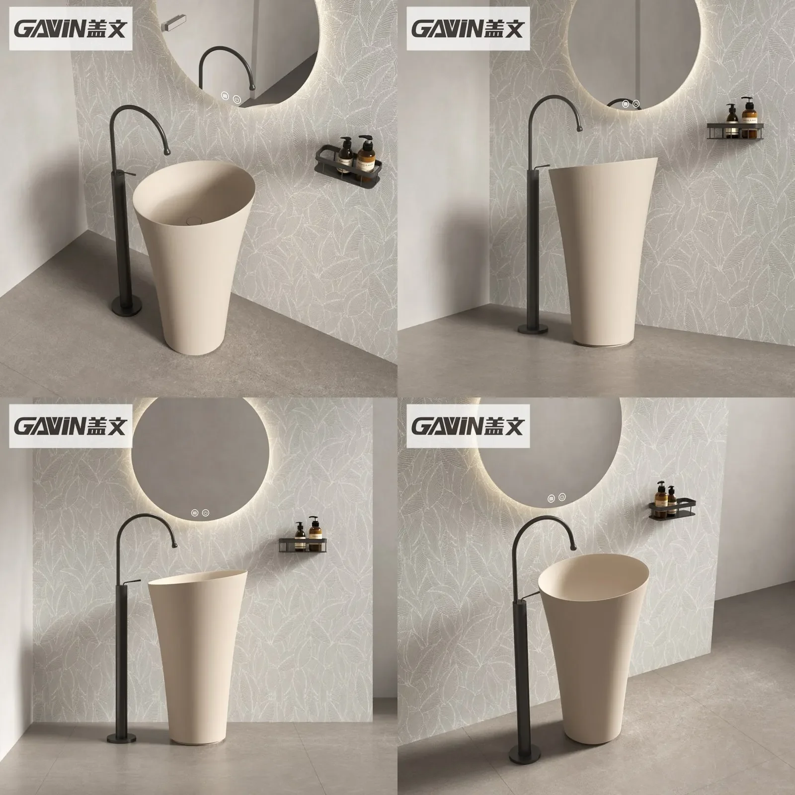 sBc Round Artificial Stone Washbasin Integrated Floor Standing Pedestal Sink for Bathroom Villa Balcony Vanity