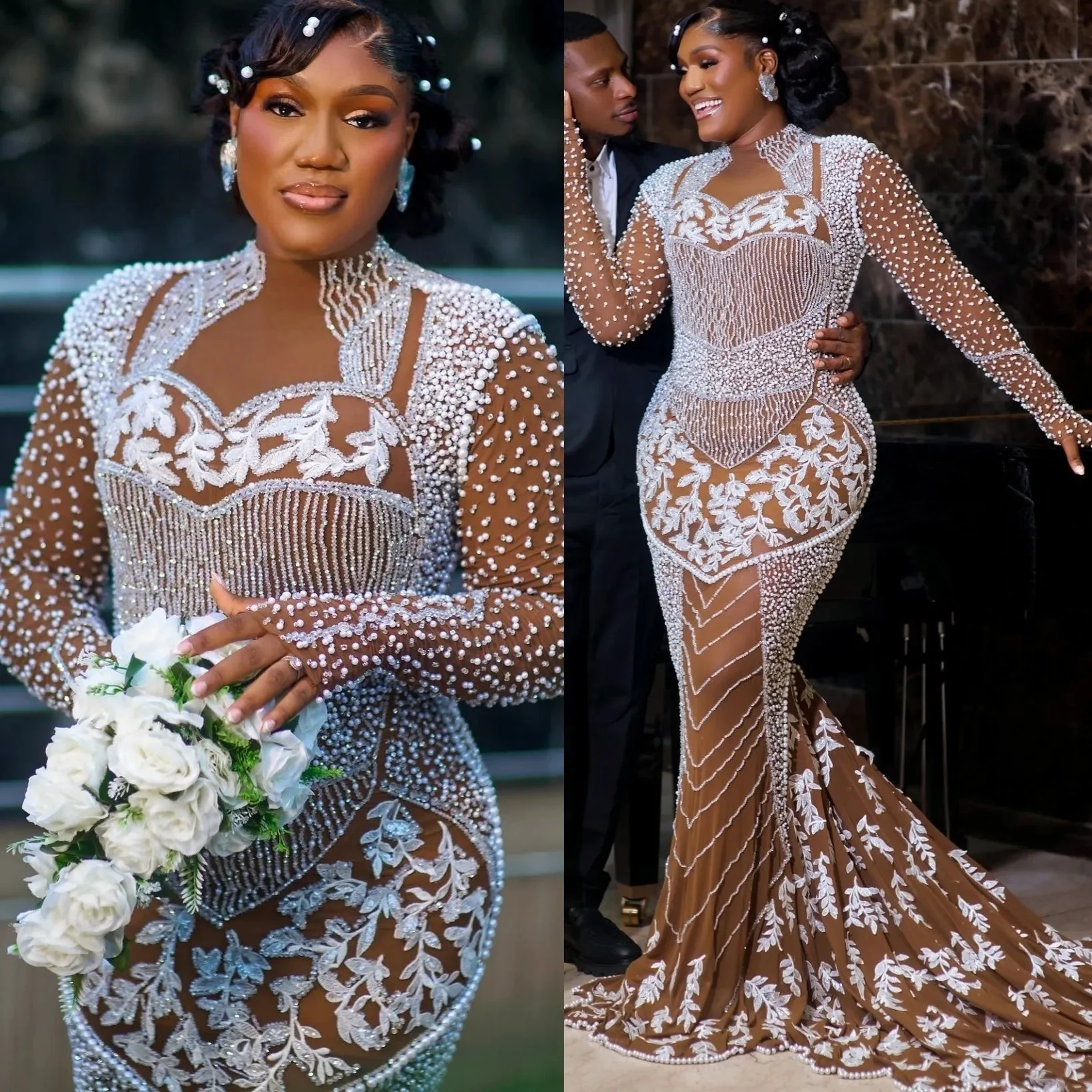 

Customized Arabic Aso Ebi Plus Size White Illusion Lace Wedding Dress Pearls Beaded Crystals Full Sleeves Vintage Bridal Gowns