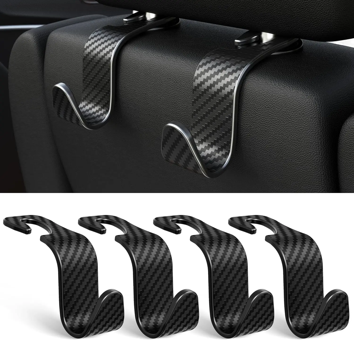 4-8PCS Car Headrest Hooks Vehicle Storage Organizer for Purses Handbags Groceries Coats Holds 55lbs Carbon Fiber Texture Hooks