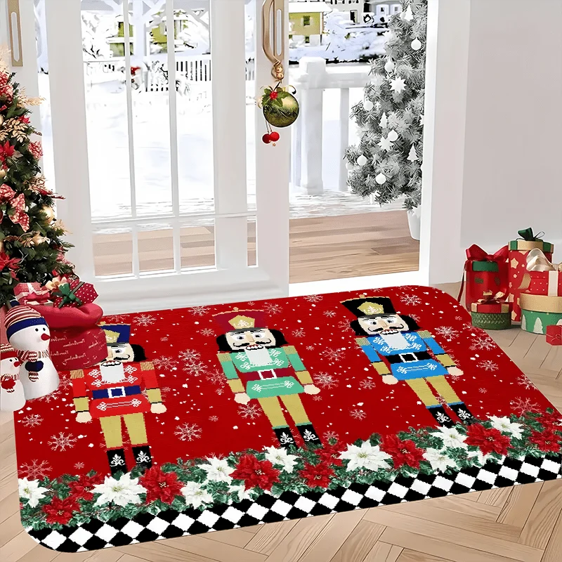 Nutcracker Christmas Welcome Doormat, Indoor Outdoor Flannel Machine Washable Mat for Multi-Room Holiday Decor