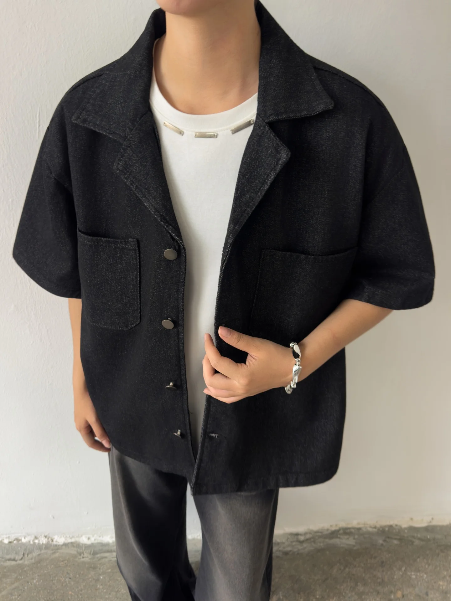 

Cuban Collar Short Sleeve Casual Shirt Men's American Style Short Length High Sensation Teenage Casual Denim Jacket Coat