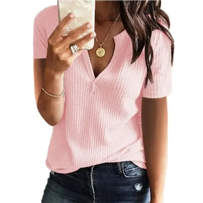 Women Solid Color Waffle Fabric V Neck T-Shirt New Daily Comfortable Casual Commuter Loose Tops Female Summer Short Sleeve Tees