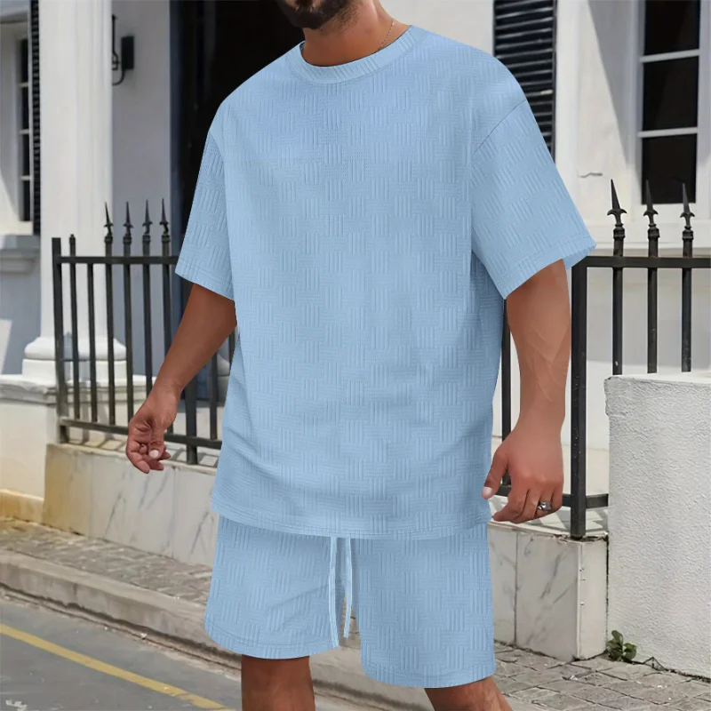 

Men Solid Textured Jacquard Crew Neck Short Sleeve T-shirt Drawstring Shorts 2 Piece Summer Casual Outfit Set