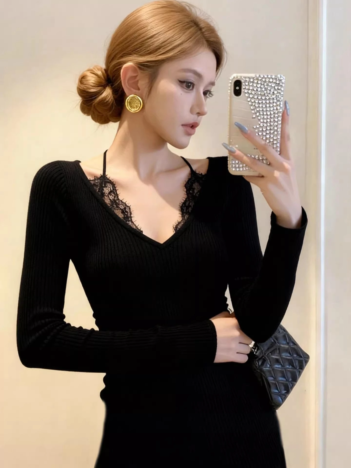 

Slimming Lace Strap Knitted Base irt Women's Sle Commute Faion V-Ne Long Sve Inner Wear Top Bla Color