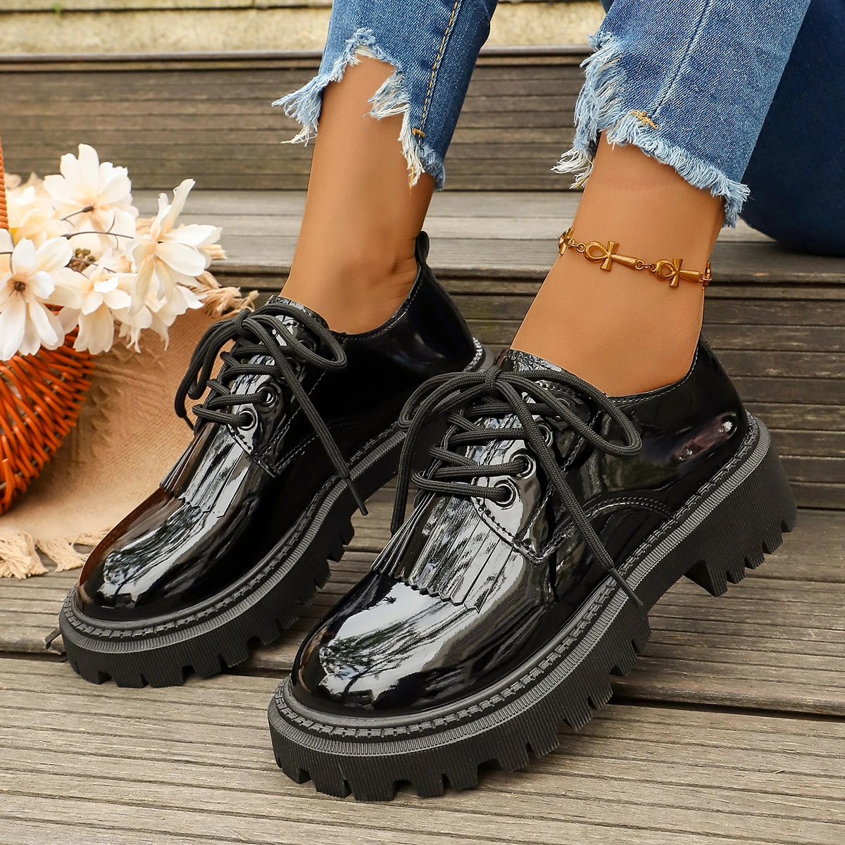 Sapatos Oxford Casuais Feminin - Oxford Lace Up Women avaliação e preço