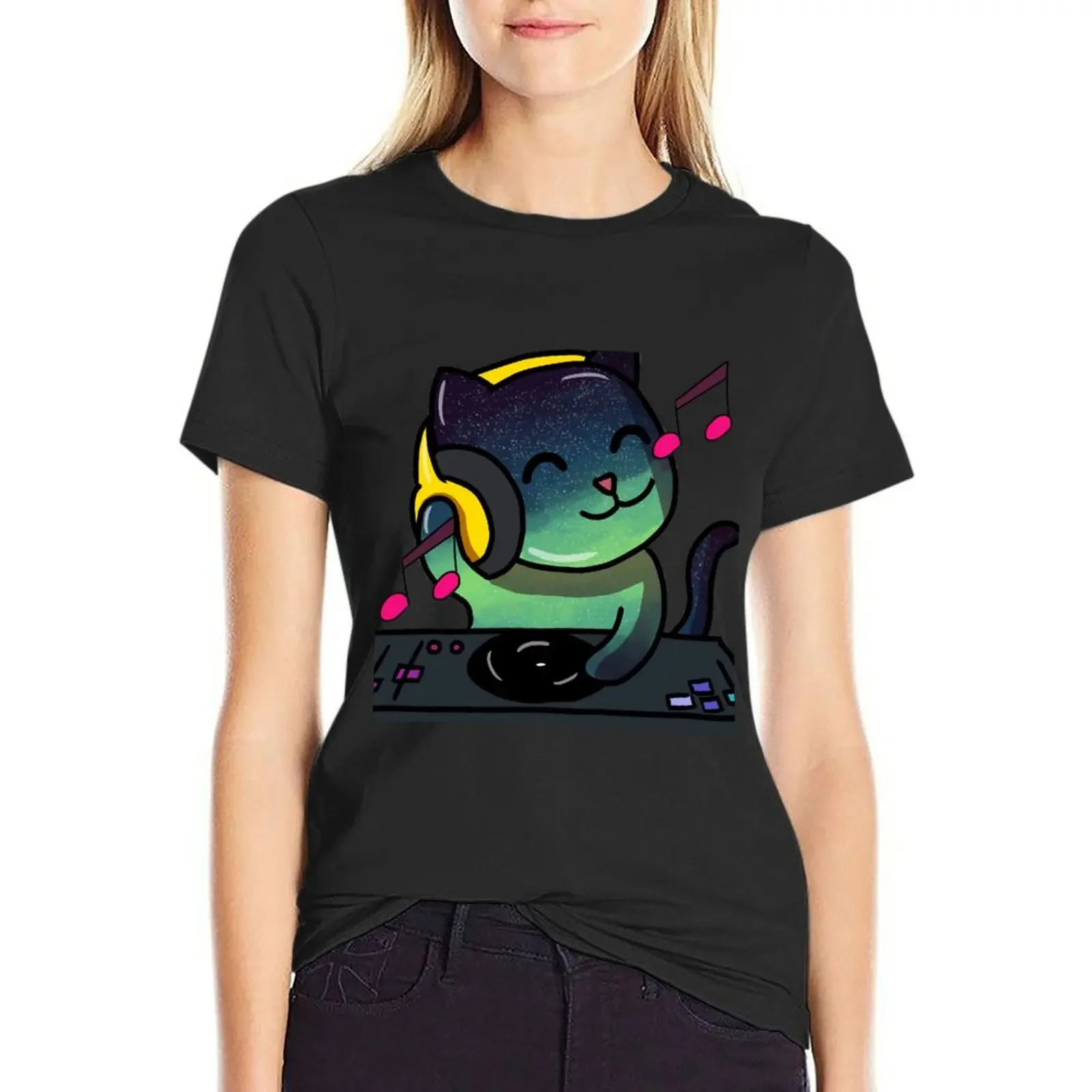 

Space Cat is a DJ T-Shirt vintage summer clothes Aesthetic clothing t shirt for Women