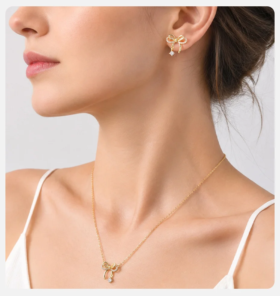 Vnox Luxuriöses, elegantes Zirkon-Schmetterlings-Blumen-Ohrring-Halsketten-Set für Frauen, trendiges, süßes Schmuckset mit Schleifenknoten, Braut-Hochzeitsgeschenk – Detail 6