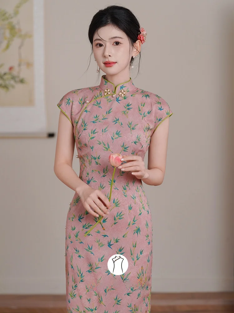 

Ele Pink Young Slimming Sle Traditional Chinese Dr Breathable Floral Pattern ort Sve Long Qipao for W...