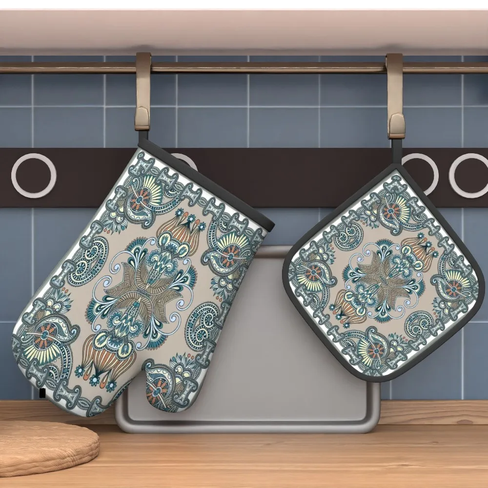 Elegant Swirls Geometric Pattern Oven Mitts and Pot Holders Set 2pcs Heat Resistant for Cooking Baking