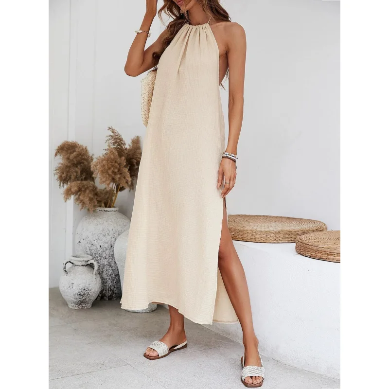 100% Cotton Gauze Womens Dresses Sexy Halter Sleeveless Backless Bandage Tie Up Holiday faddish Boho Dress